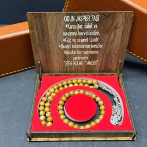 Özel Ahşap Kutulu Odun Jasper Taşı Tesbih-Bileklik Set - Küre Kesim