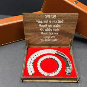 Özel Ahşap Kutulu Opal Taşı Tesbih-Bileklik Set - Küre Kesim